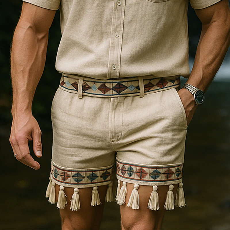 Claudio | Men'S Summer Fashion Printed Tassel Slub Linen Casual Shorts - Image 2