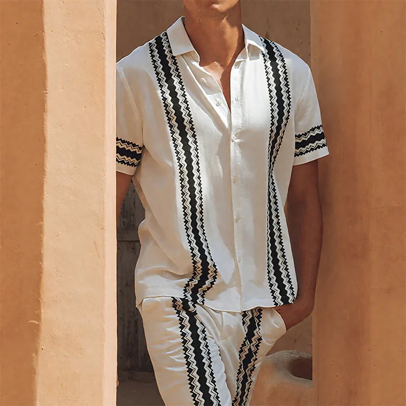 Clayton | Men'S Spring And Summer Fashion Casual Tencel Cotton Printed Short Sleeve Shirt Pants Set - Image 3