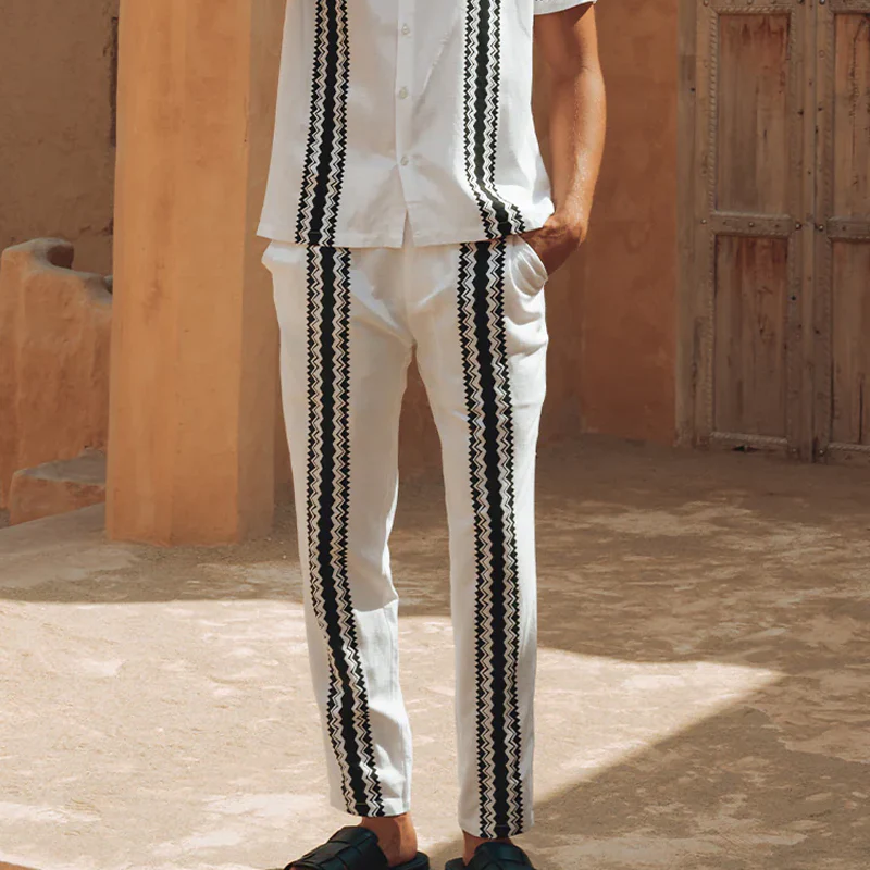 Clayton | Men'S Spring And Summer Fashion Casual Tencel Cotton Printed Short Sleeve Shirt Pants Set - Image 4