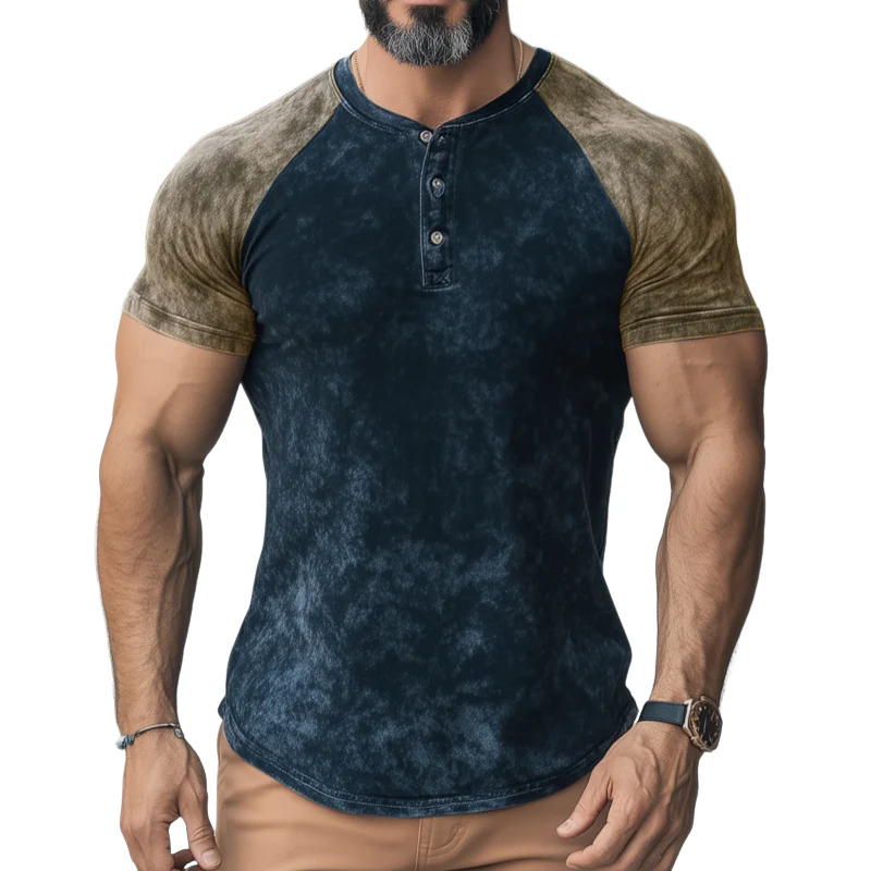 Clifford | Men'S Casual Distressed Colorblock Print Henley Collar Slim Fit Short Sleeve T-Shirt