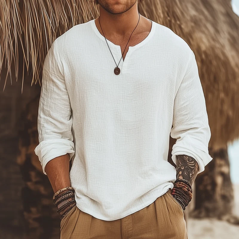 Clifton | Men'S Casual Solid Color Breathable Cotton Bubble Wrinkled V-Neck Loose Long-Sleeved T-Shirt - Image 2