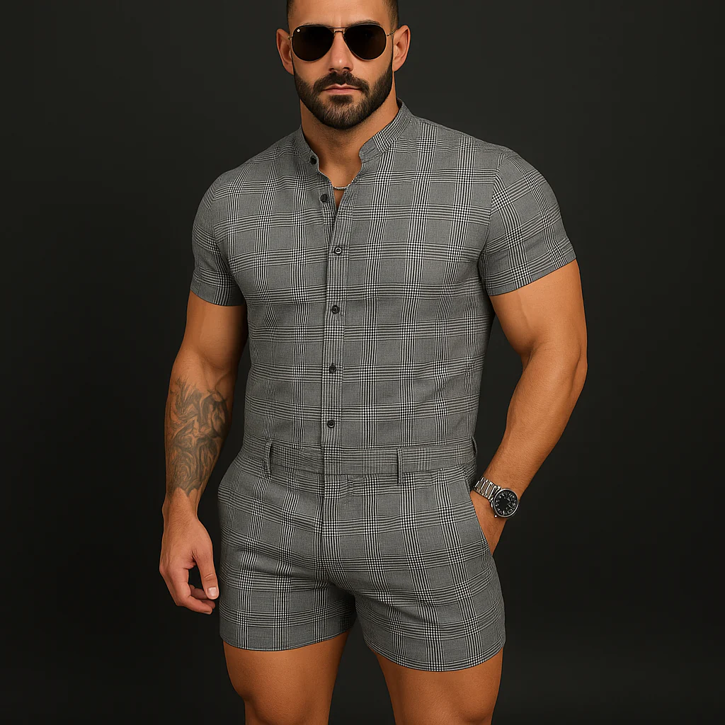 Clint | Men'S Summer Fashion Plaid Cotton And Linen Short Sleeve Shorts Jumpsuit - Image 2