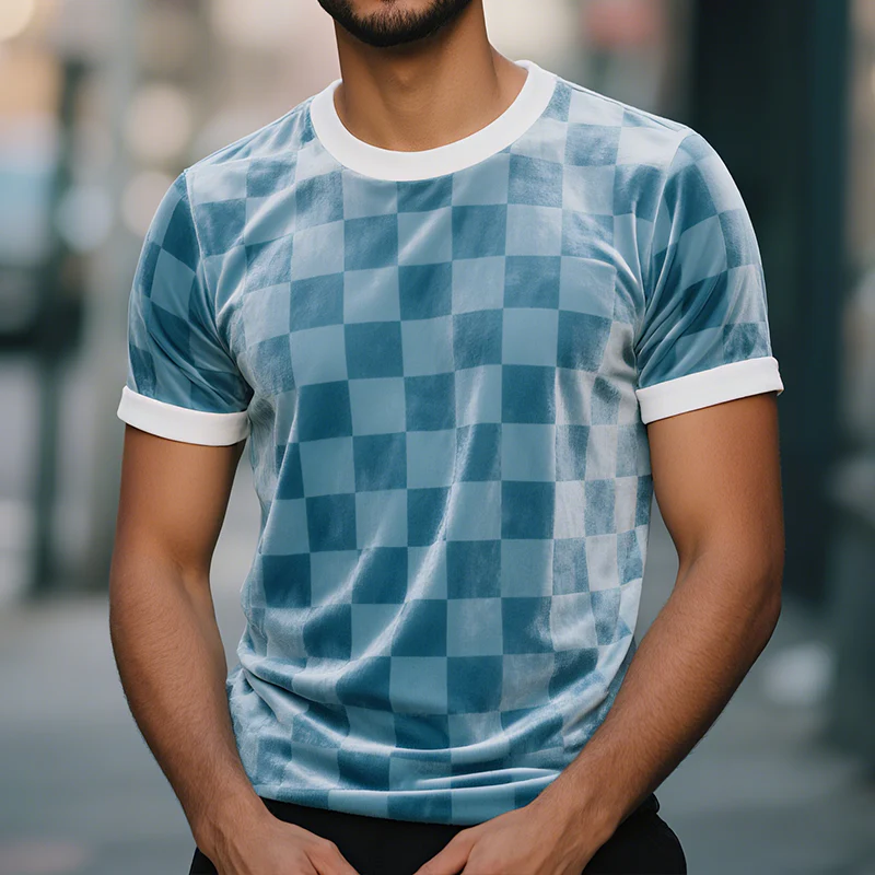Clint | Men'S Velour Retro Casual Checkerboard Printed Round Neck Short Sleeve T-Shirt - Image 2