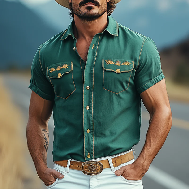 Cody | Men'S Casual American Western Tough Style Cotton Blend Embroidered Slim Short Sleeve Shirt - Image 2