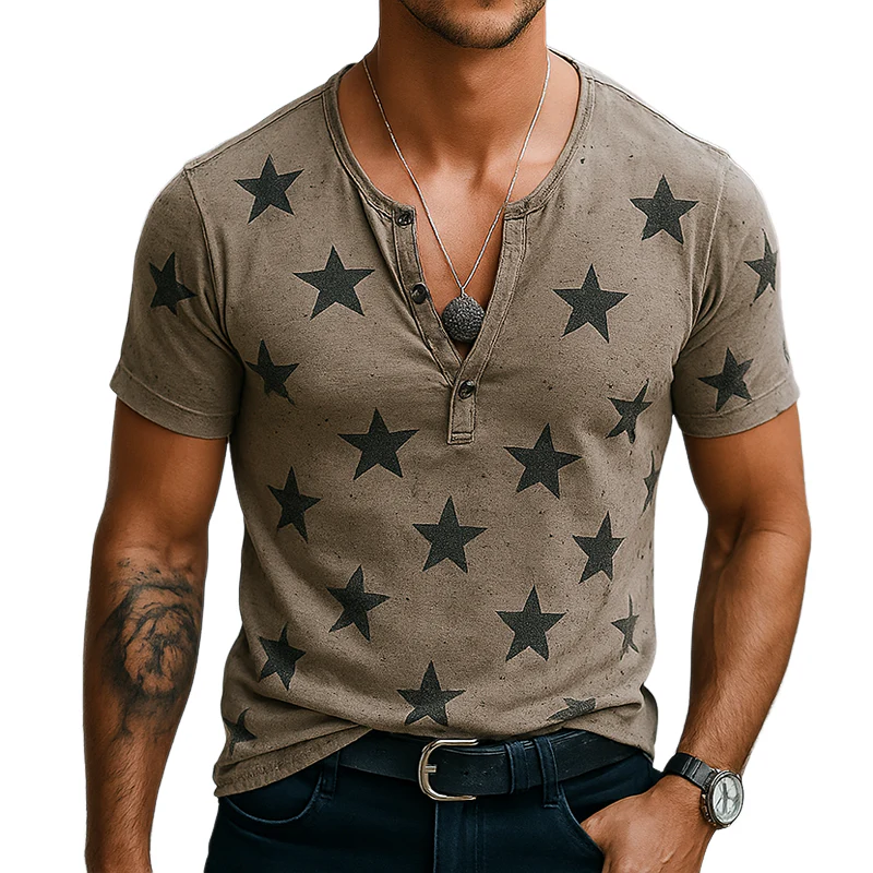 Cole | Men'S Vintage Destroyed Stars Print Henley Short Sleeve T-Shirt