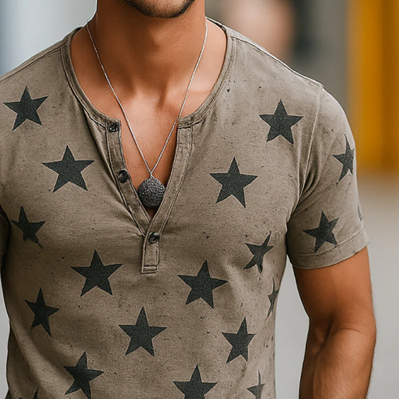 Cole | Men'S Vintage Destroyed Stars Print Henley Short Sleeve T-Shirt - Image 3