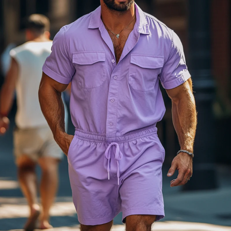 Connor | Men'S Casual Breathable Cotton Lapel Chest Pocket Short Sleeve Elastic Waist Shorts Jumpsuit - Image 2
