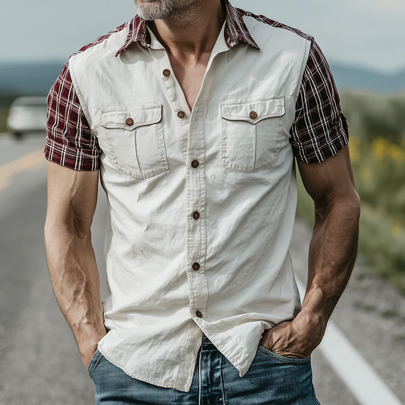 Cordell | Men'S Spring And Summer Fashion Casual Plaid Stitching Cotton Blended Slim Short-Sleeved Shirt - Image 3