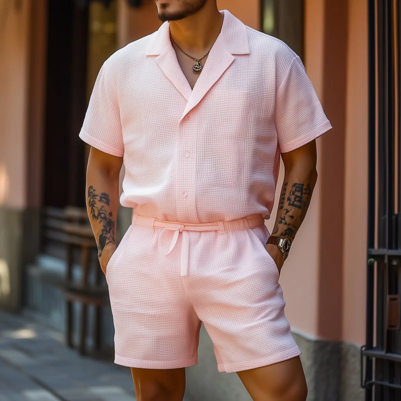 Corey | Men'S Casual Breathable Cotton Blended Waffle Lapel Slim Fit Short Sleeve Shorts Jumpsuit - Image 2