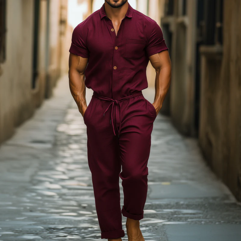 Craig | Men'S Casual Breathable Cotton And Linen Lapel Patch Pocket Short-Sleeved Pants Jumpsuit - Image 2