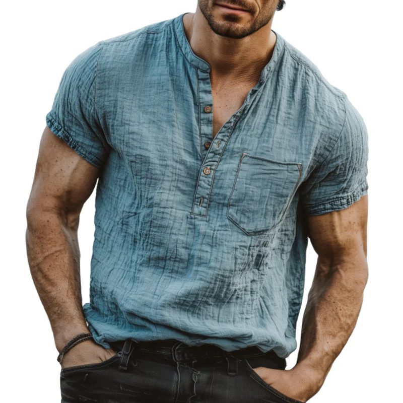 Craig | Men'S Casual Solid Color Pleated Cotton Washed Henley Collar Patch Pocket Loose Short Sleeve Shirt