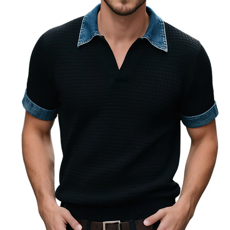 Craig | Men'S Retro Casual Waffle Stitching Denim Lapel Short Sleeve T-Shirt