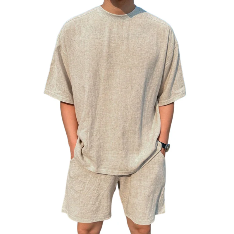 Cristian | Men'S Casual Breathable Linen Round Neck Oversize Short-Sleeved T-Shirt Elastic Waist Shorts Holiday Set