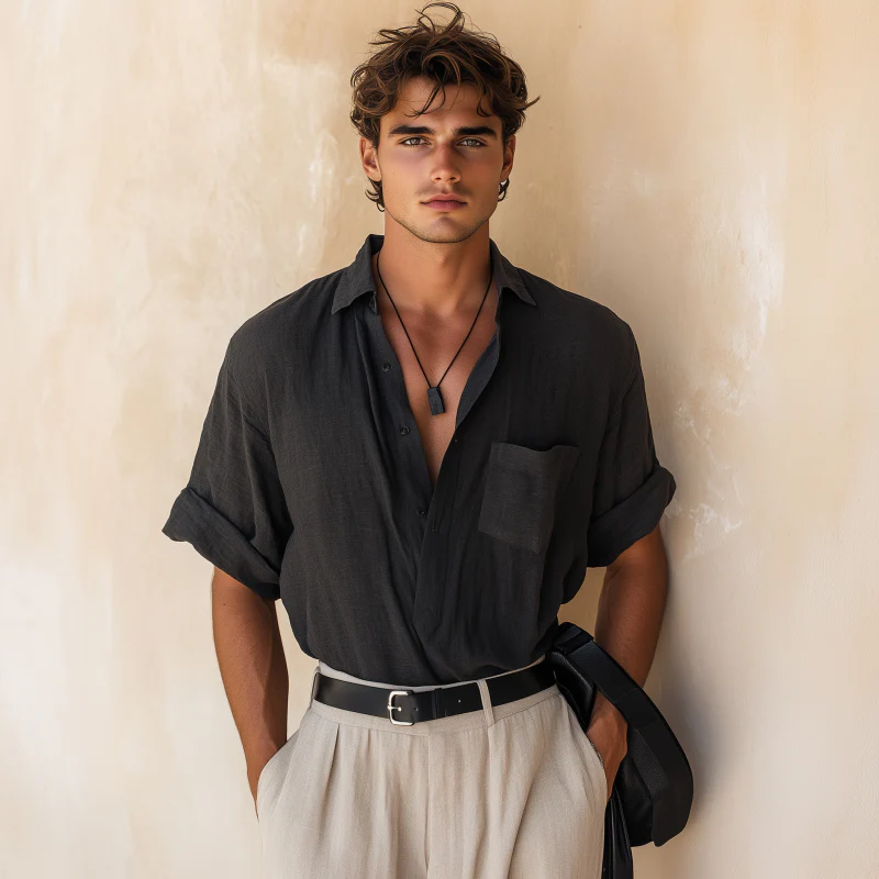 Dale | Men'S Casual Breathable Cotton Linen Lapel Patch Pocket Loose Short Sleeve Shirt - Image 3