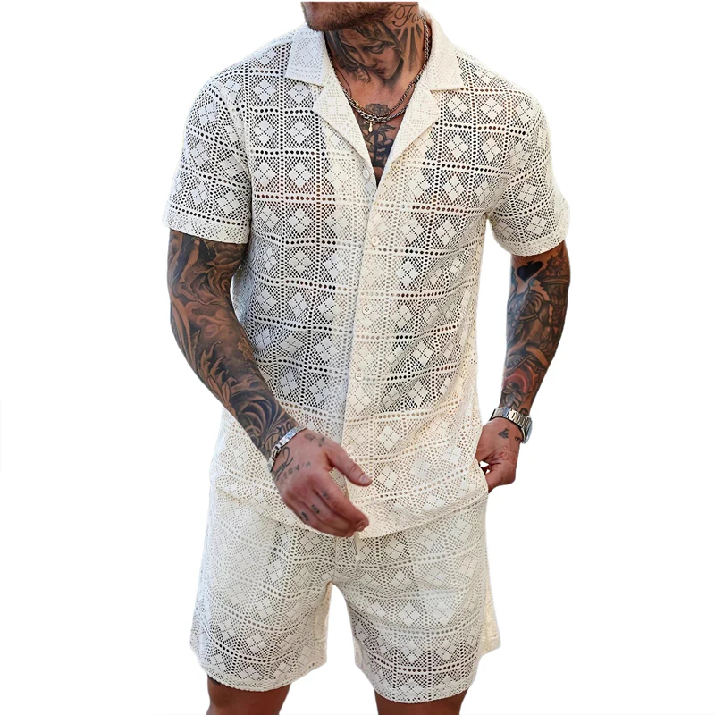 Dale | Men'S Solid Color Lace Short-Sleeved Shorts Two-Piece Set