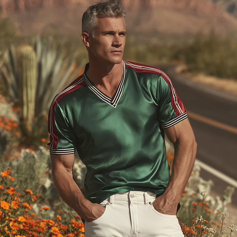 Dallas | Men'S Spring And Summer Fashion Casual Satin Contrast Color Splicing Ribbon V-Neck Short Sleeve T-Shirt - Image 3