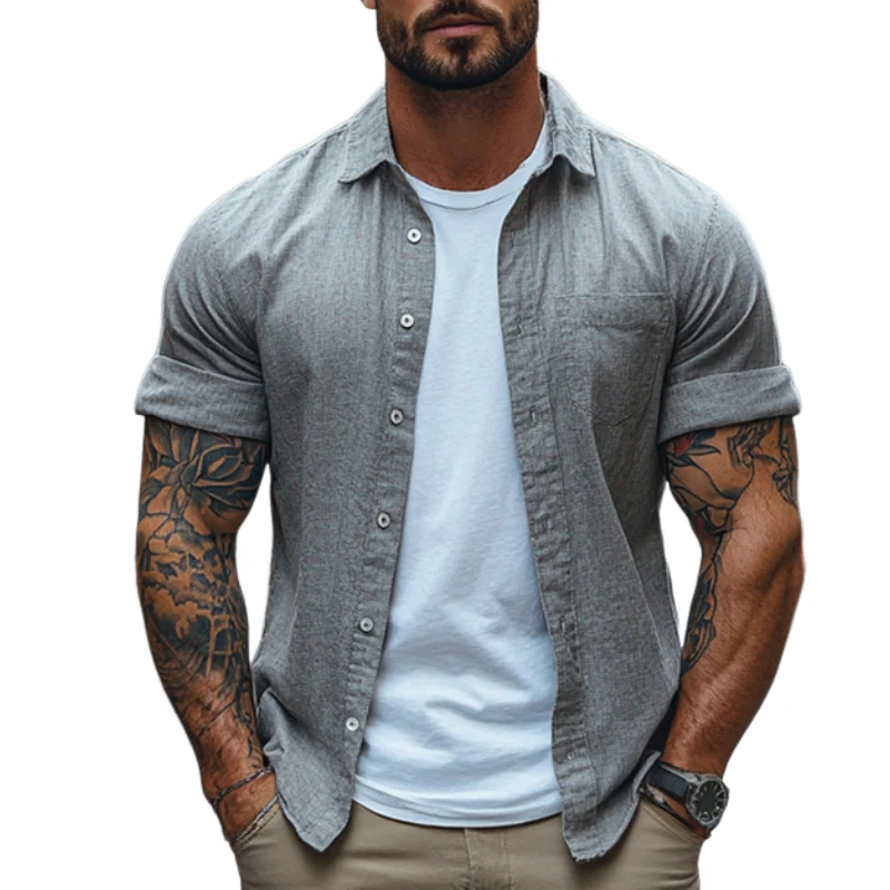 Dane | Men'S Vintage Casual Linen Pocket Lapel Short Sleeve Shirt