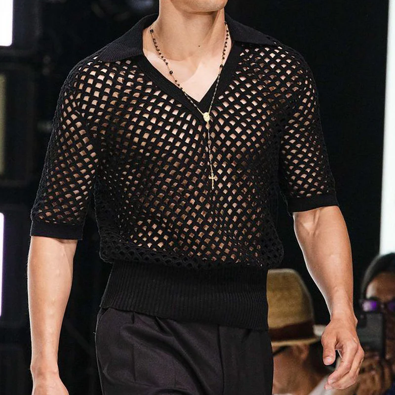 Darin | Men'S Spring And Summer Fashion Hollow Sexy Knitted Short-Sleeved Polo Shirt - Image 2