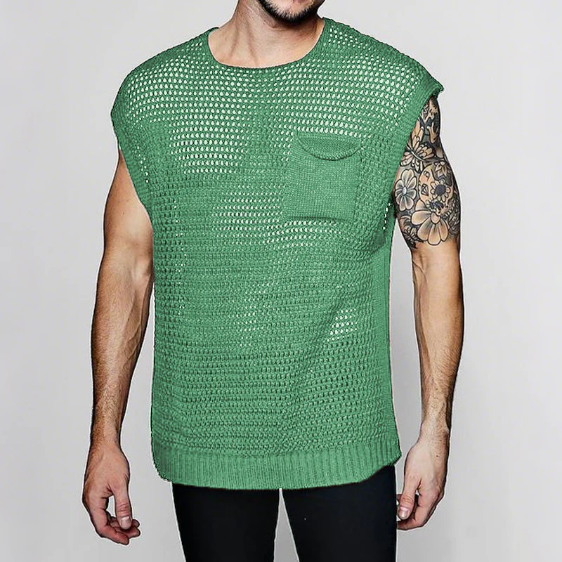 Dario | Men'S Spring And Summer Fashion Casual Hollow Knitted Round Neck Pocket Tank Top - Image 2