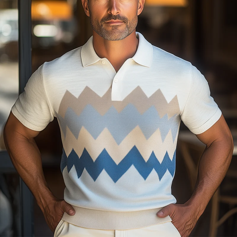 Dario | Men'S Summer Geometric Colorblock Knitted Short Sleeve T-Shirt - Image 2