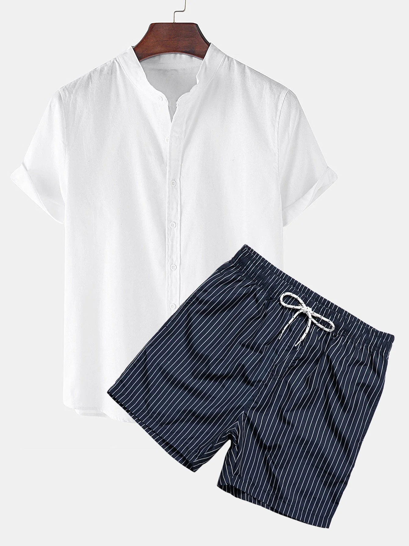 Dave® | Linen Look Short Sleeve Shirt & Striped Print Swim Shorts