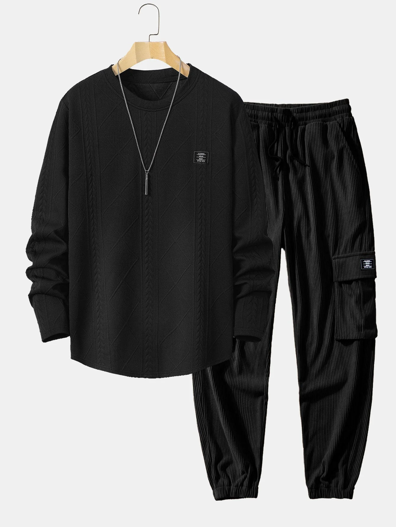 David® | Long Sleeved T-Shirt With Curved Hem In Geometric Jacquard & Cargo Joggers In Corduroy With Drawstring - Image 2