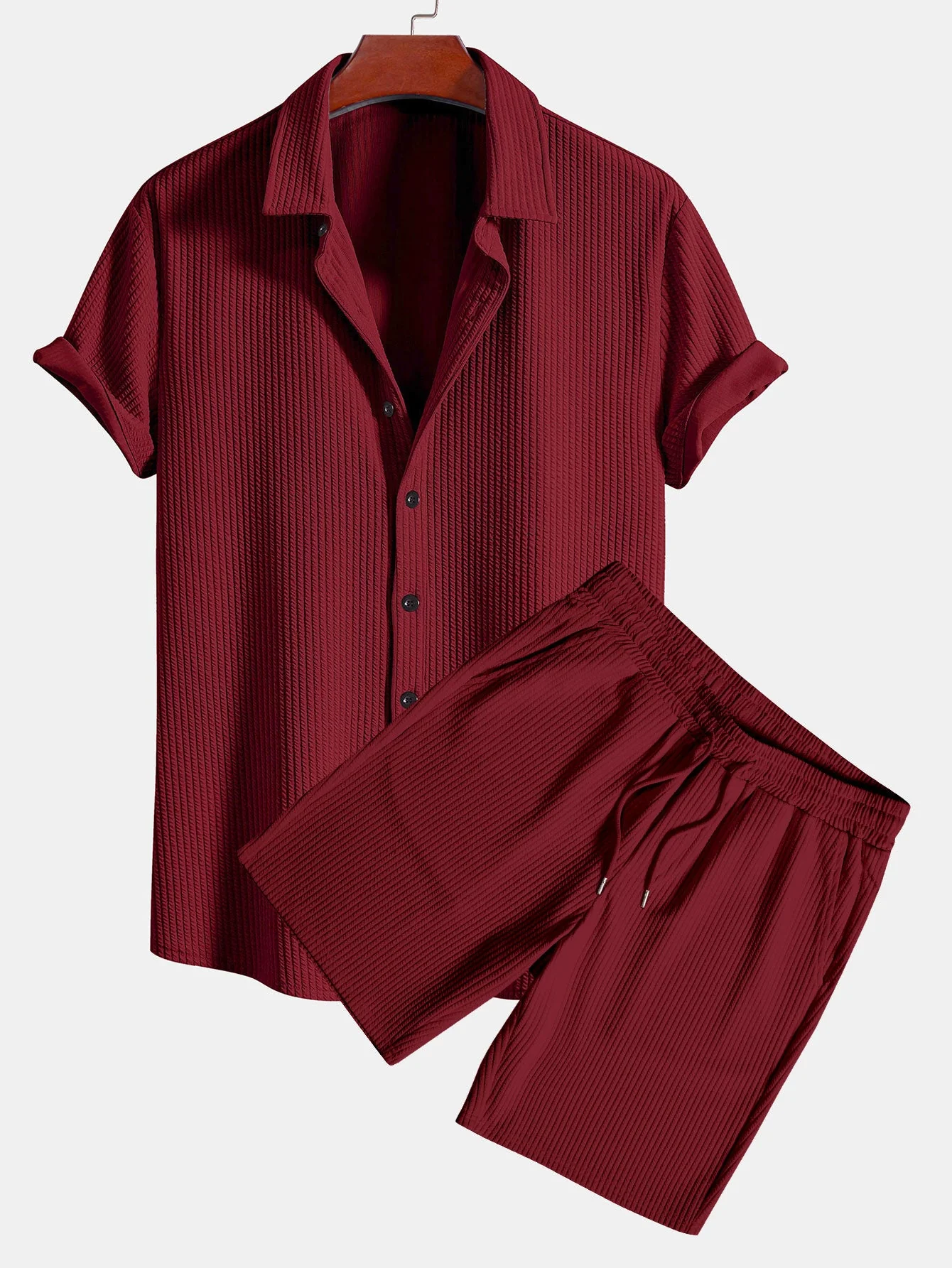 David® | Muscle Fit Ribbed Button Up Shirt & Shorts - Image 7