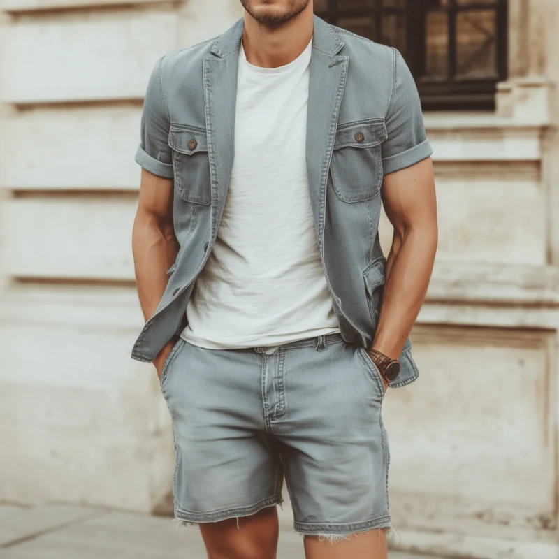 David | Men'S Casual Outdoor Denim Washed Distressed Notched Lapel Multi-Pocket Short-Sleeved Jacket Raw Edge Shorts Set - Image 2