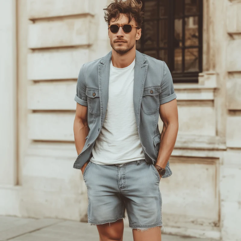 David | Men'S Casual Outdoor Denim Washed Distressed Notched Lapel Multi-Pocket Short-Sleeved Jacket Raw Edge Shorts Set - Image 3