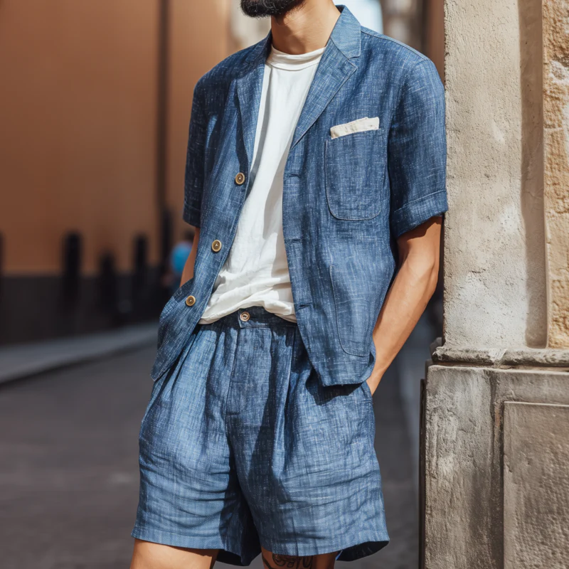 Dean | Men'S Casual Cotton Linen Notch Lapel Single-Breasted Short-Sleeved Shirt And Shorts Set (T-Shirts Excluded) - Image 2