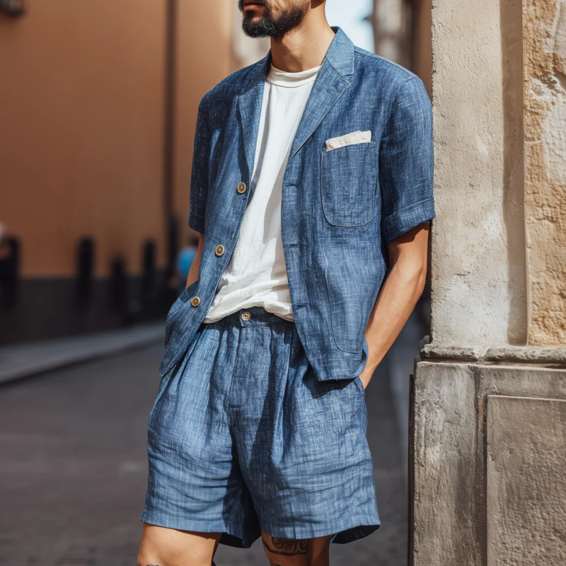 Dean | Men'S Casual Cotton Linen Notch Lapel Single-Breasted Short-Sleeved Shirt And Shorts Set (T-Shirts Excluded) - Image 3
