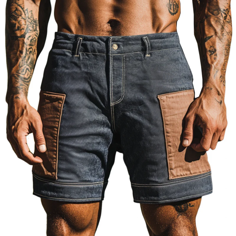 Derek | Men'S Casual Outdoor Washed Distressed Contrast Color Patchwork Slim Fit Denim Shorts