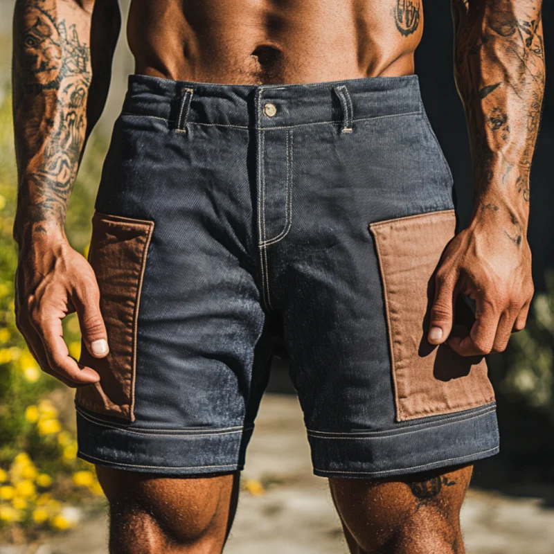 Derek | Men'S Casual Outdoor Washed Distressed Contrast Color Patchwork Slim Fit Denim Shorts - Image 2