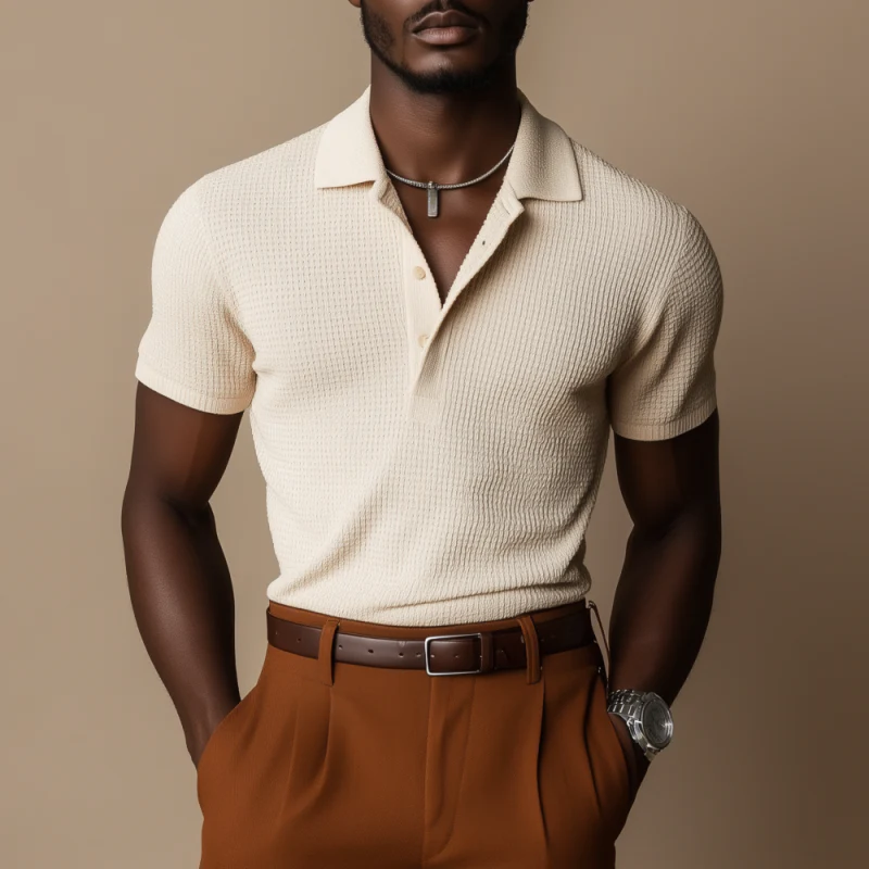 Devin | Men'S Casual Breathable Cotton Blended Waffle Lapel Slim Fit Short Sleeve Polo Shirt - Image 2