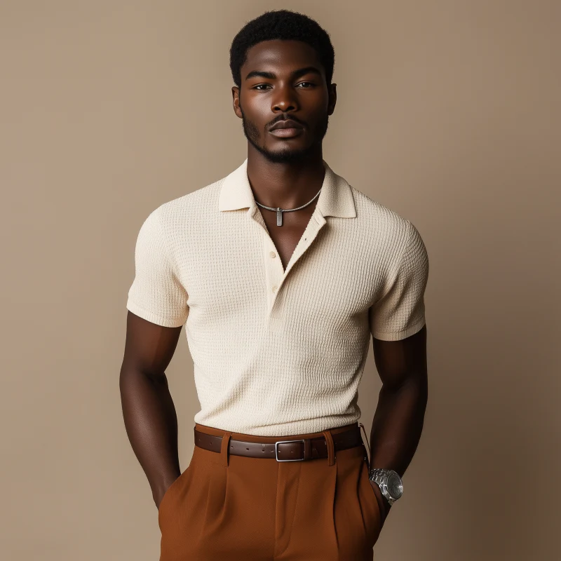 Devin | Men'S Casual Breathable Cotton Blended Waffle Lapel Slim Fit Short Sleeve Polo Shirt - Image 3