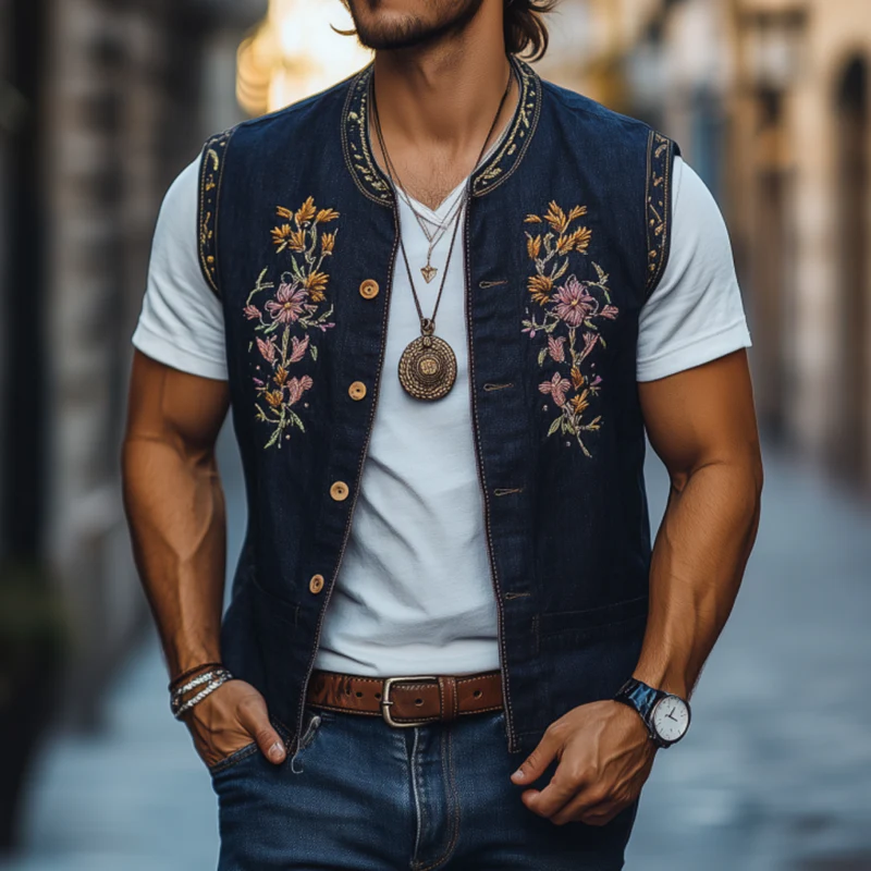Devin | Men'S Casual Cotton Linen Stand Collar Single-Breasted Retro Flower Embroidered Slim Vest - Image 2
