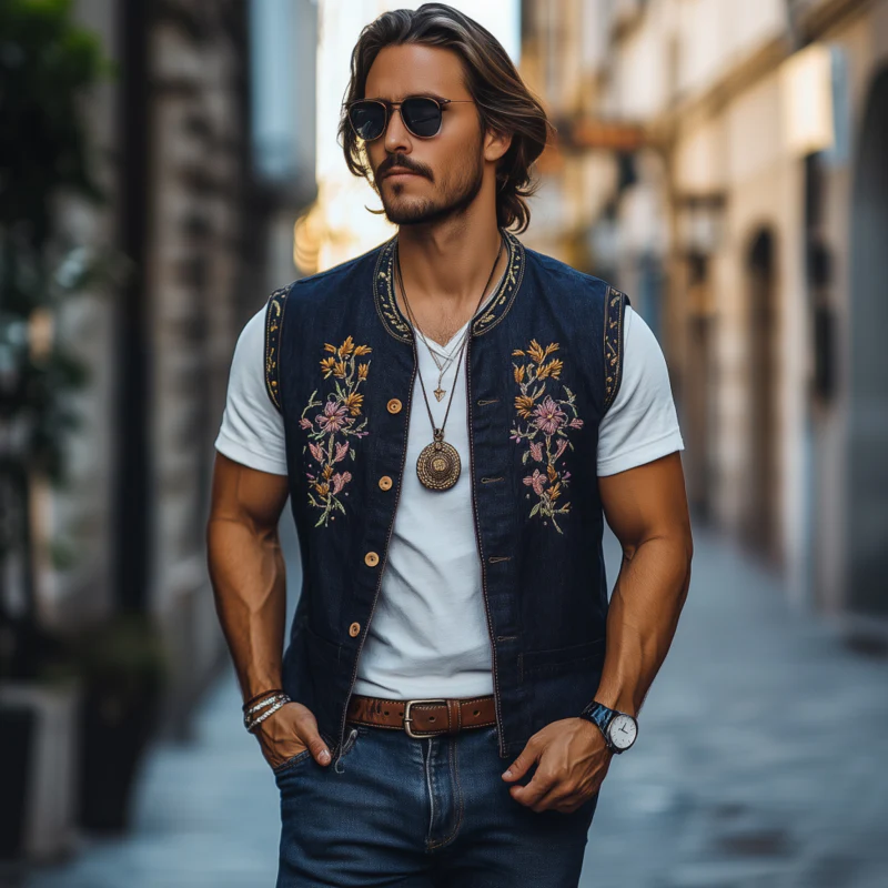 Devin | Men'S Casual Cotton Linen Stand Collar Single-Breasted Retro Flower Embroidered Slim Vest - Image 3