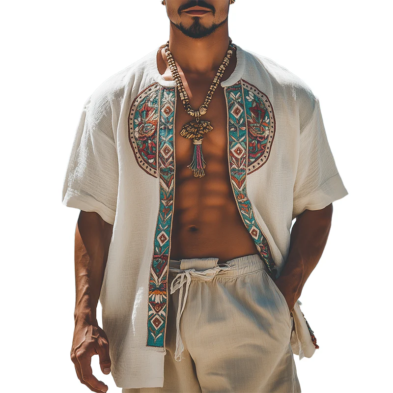Devon | Men'S Summer Fashion Holiday Style Embroidered Cotton And Linen Short-Sleeved Open Shirt