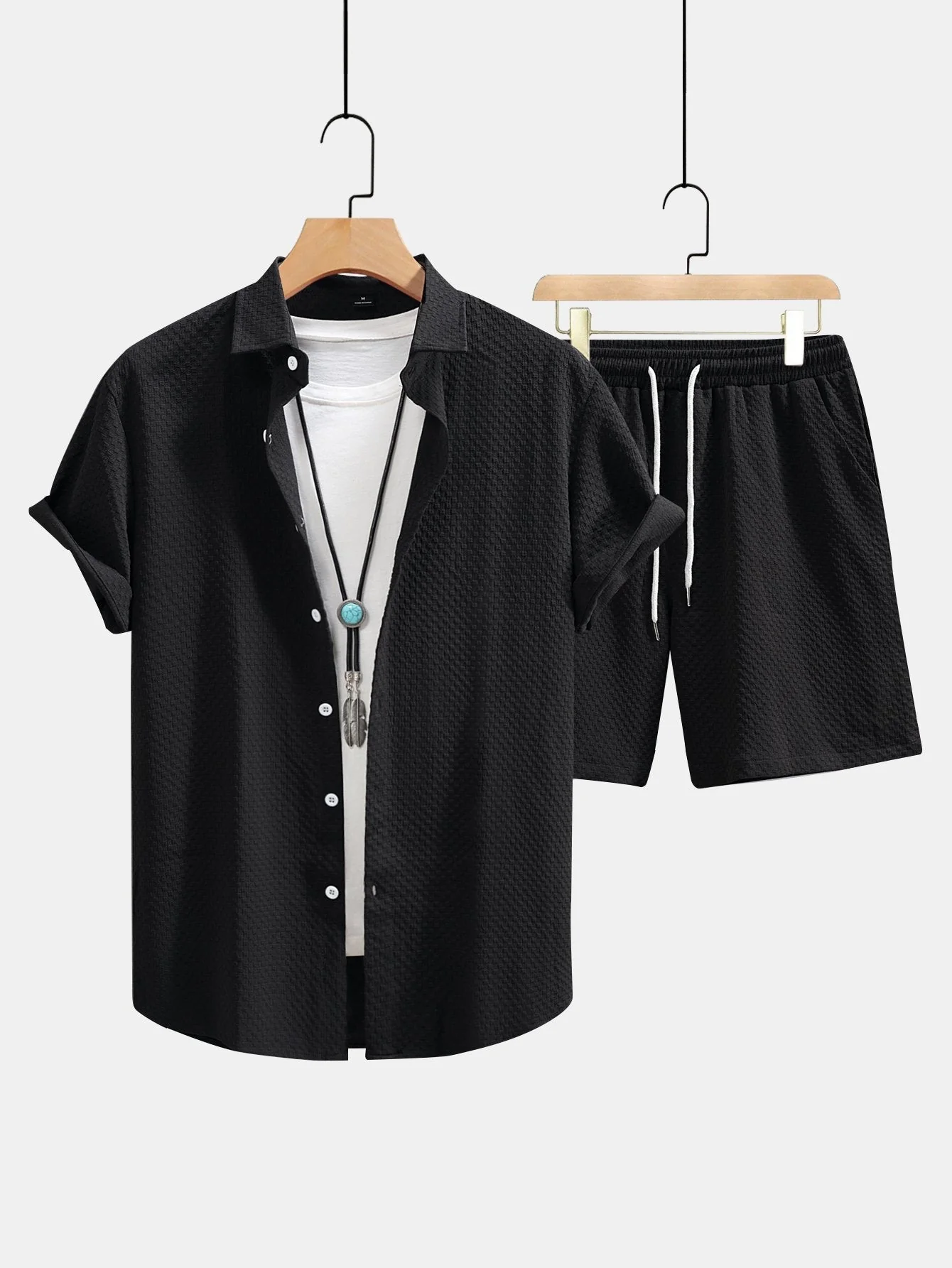 Dionisio® | Checkerboard Texture Button Up Shirt & Drawstring Shorts - Image 3