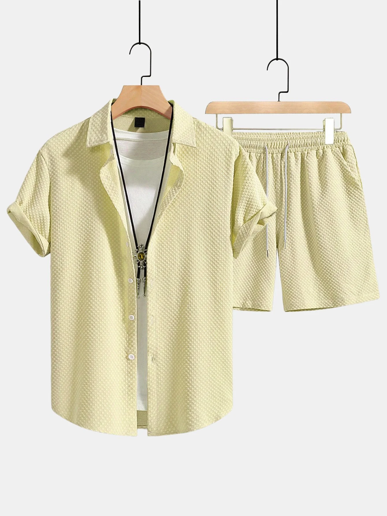 Dionisio® | Checkerboard Texture Button Up Shirt & Drawstring Shorts - Image 5