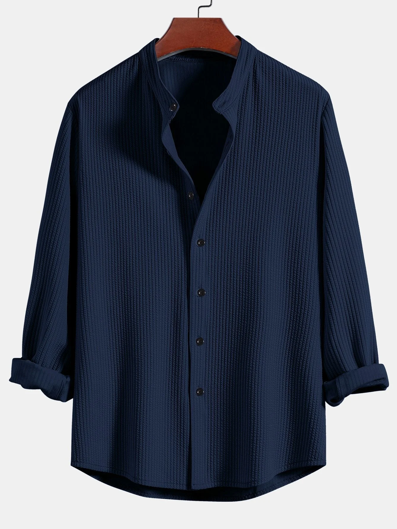 Donny® | Muscle Fit Ribbed Long Sleeved Shirt With Mandarin Collar & Straight Leg Linen Trousers - Image 15