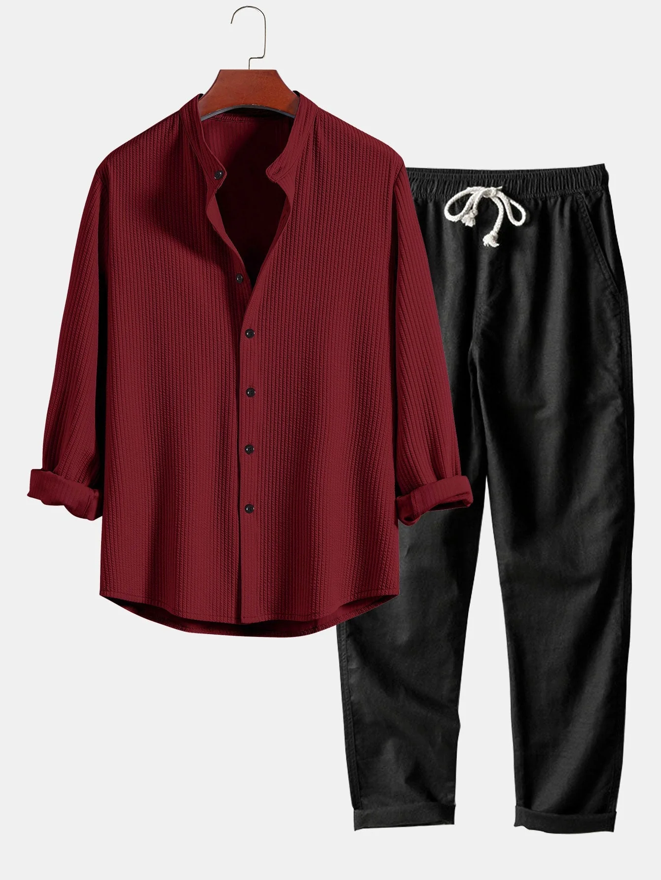 Donny® | Muscle Fit Ribbed Long Sleeved Shirt With Mandarin Collar & Straight Leg Linen Trousers - Image 4