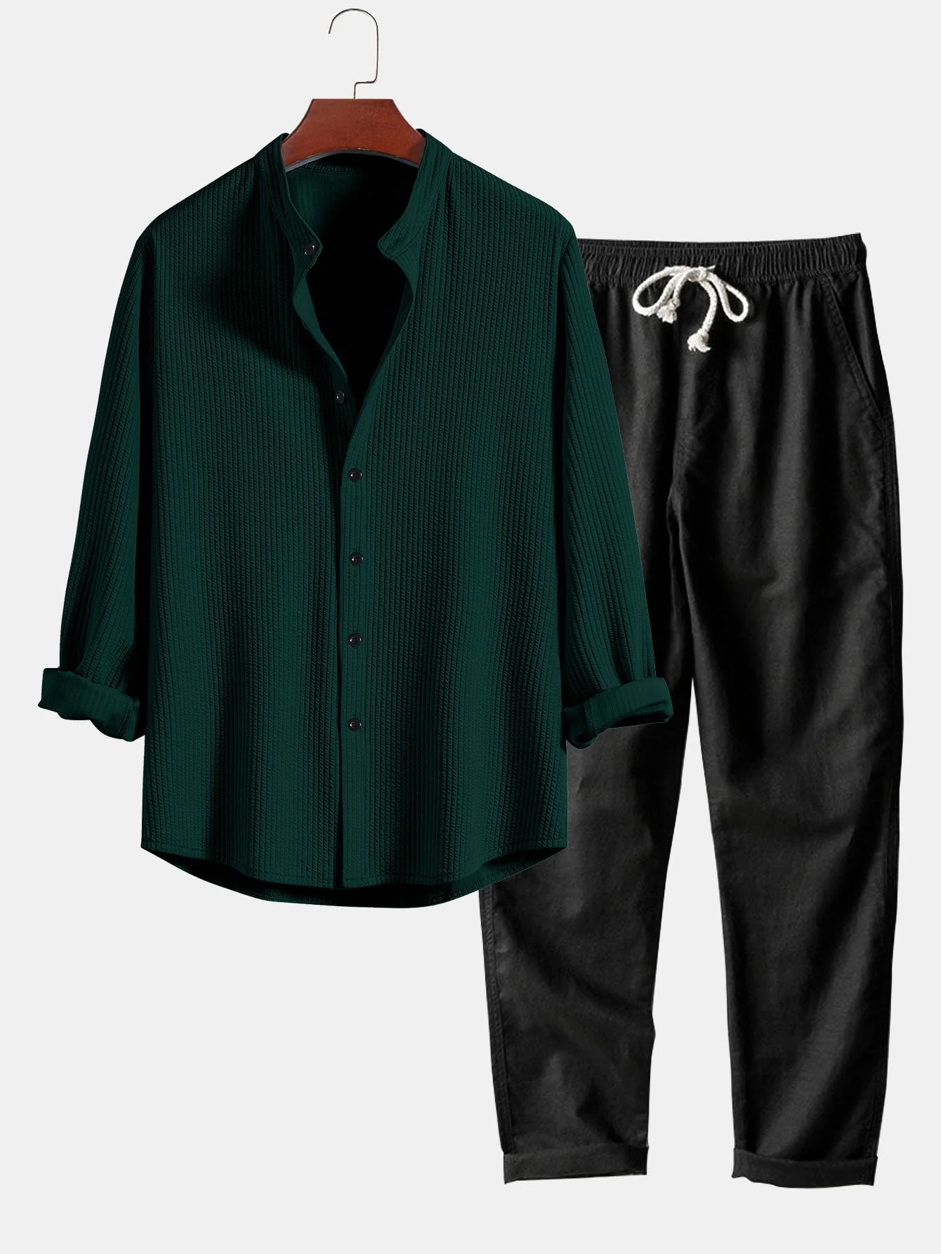 Donny® | Muscle Fit Ribbed Long Sleeved Shirt With Mandarin Collar & Straight Leg Linen Trousers - Image 5