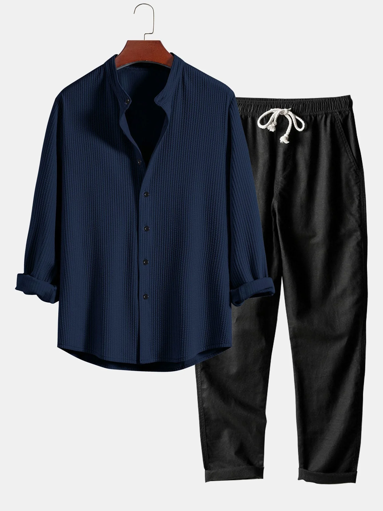 Donny® | Muscle Fit Ribbed Long Sleeved Shirt With Mandarin Collar & Straight Leg Linen Trousers - Image 7