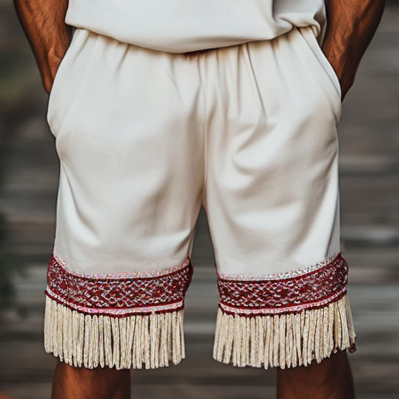 Douglas | Men'S Bohemian Embroidered Tassels Cotton Elastic Waist Loose Shorts - Image 2