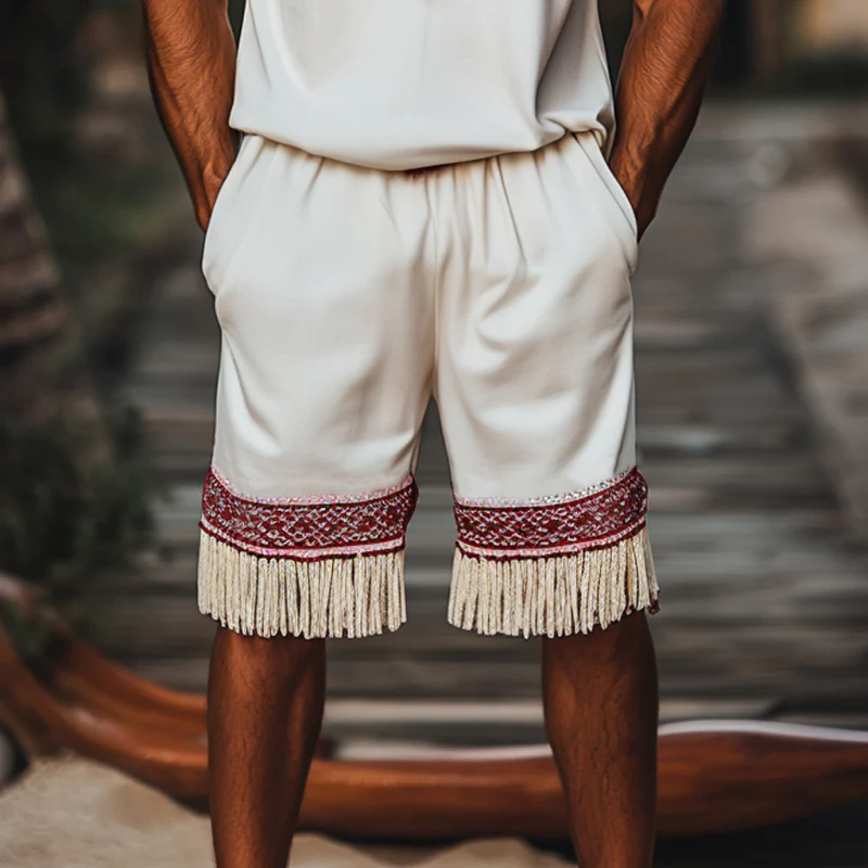 Douglas | Men'S Bohemian Embroidered Tassels Cotton Elastic Waist Loose Shorts - Image 3