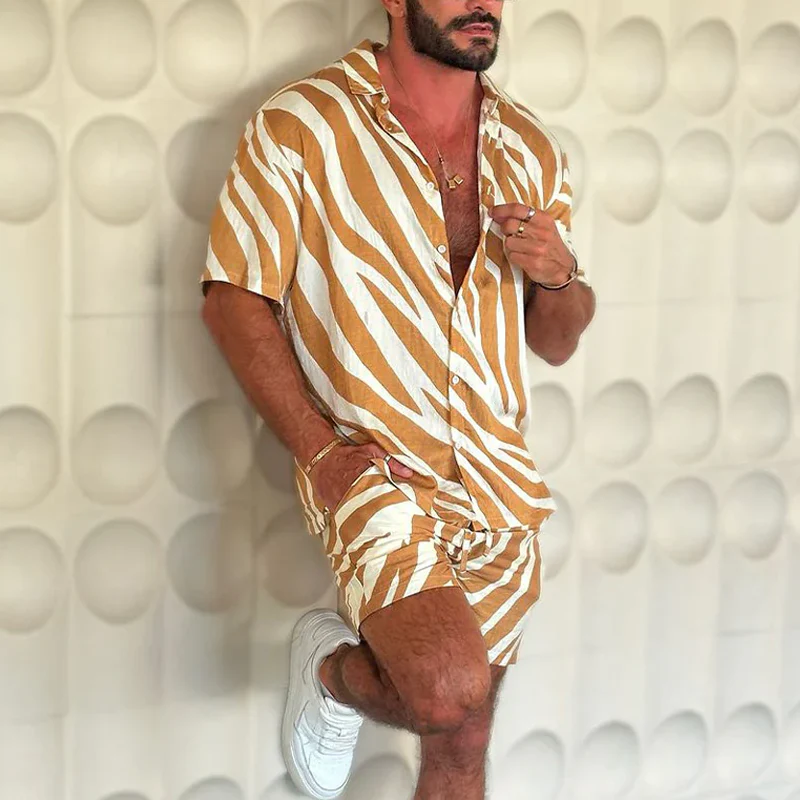 Drew | Men'S Spring And Summer Fashion Casual Zebra Stripe Printed Silk Cotton Short Sleeve Shirt Elastic Waist Shorts Set - Image 4