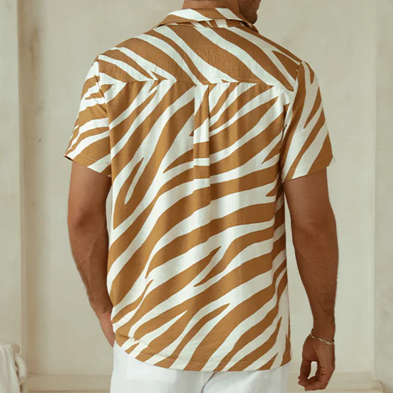 Drew | Men'S Spring And Summer Fashion Casual Zebra Stripe Printed Silk Cotton Short Sleeve Shirt Elastic Waist Shorts Set - Image 6