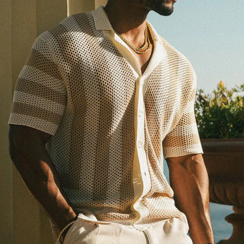 Edgar | Men'S Spring And Summer Fashion Casual Hollow Striped Knitted Short-Sleeved Shirt - Image 5