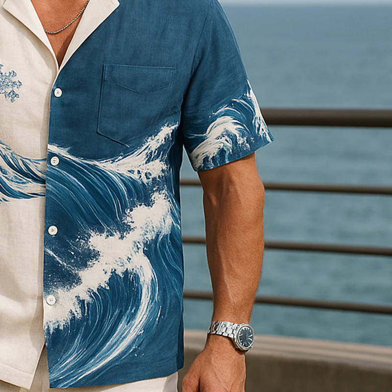Edgar | Men'S Summer Fashion Wave Printed Cotton And Linen Short Sleeve Shirt - Image 4